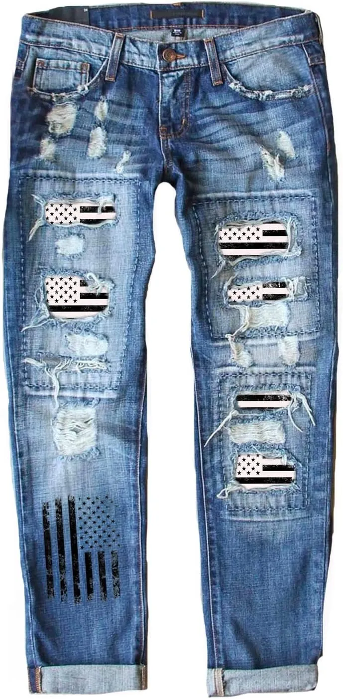 Womens Floral Patch Ripped Boyfriend Distressed Stretch Skinny Denim Jeans with Hole