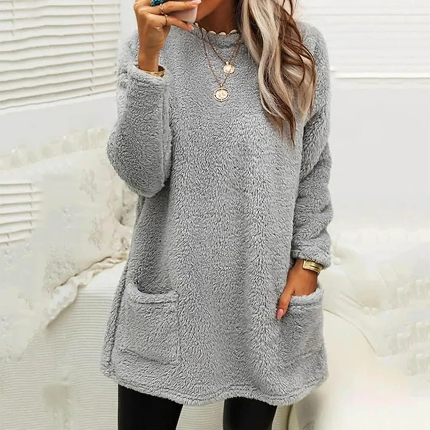 Womens Fuzzy Fleece Pullover Sherpa Sweatshirt Turtleneck Long Sleeve Sweatshirts Winter Warm Outwear Tops with Pockets