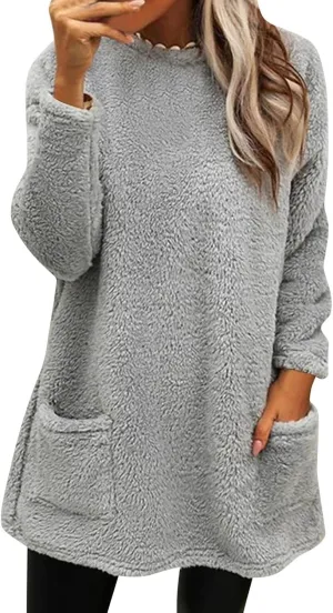 Womens Fuzzy Fleece Pullover Sherpa Sweatshirt Turtleneck Long Sleeve Sweatshirts Winter Warm Outwear Tops with Pockets