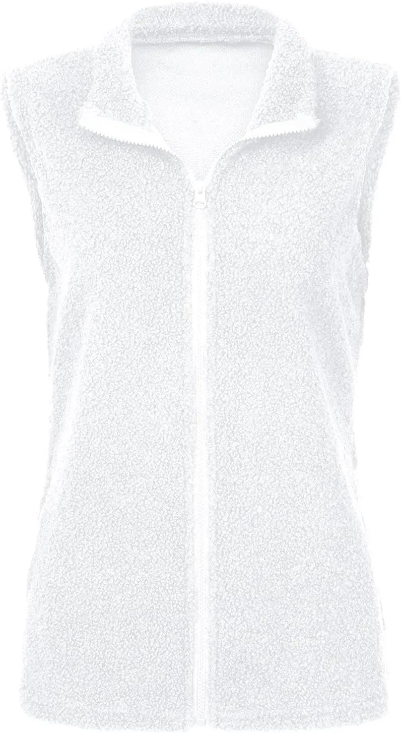Women's Fuzzy Sherpa Fleece Jacket Lightweight Vest Cozy Sleeveless Cardigan Full Zip Waistcoat Outerwear with Pockets