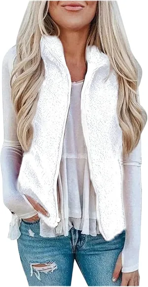 Women's Fuzzy Sherpa Fleece Jacket Lightweight Vest Cozy Sleeveless Cardigan Full Zip Waistcoat Outerwear with Pockets