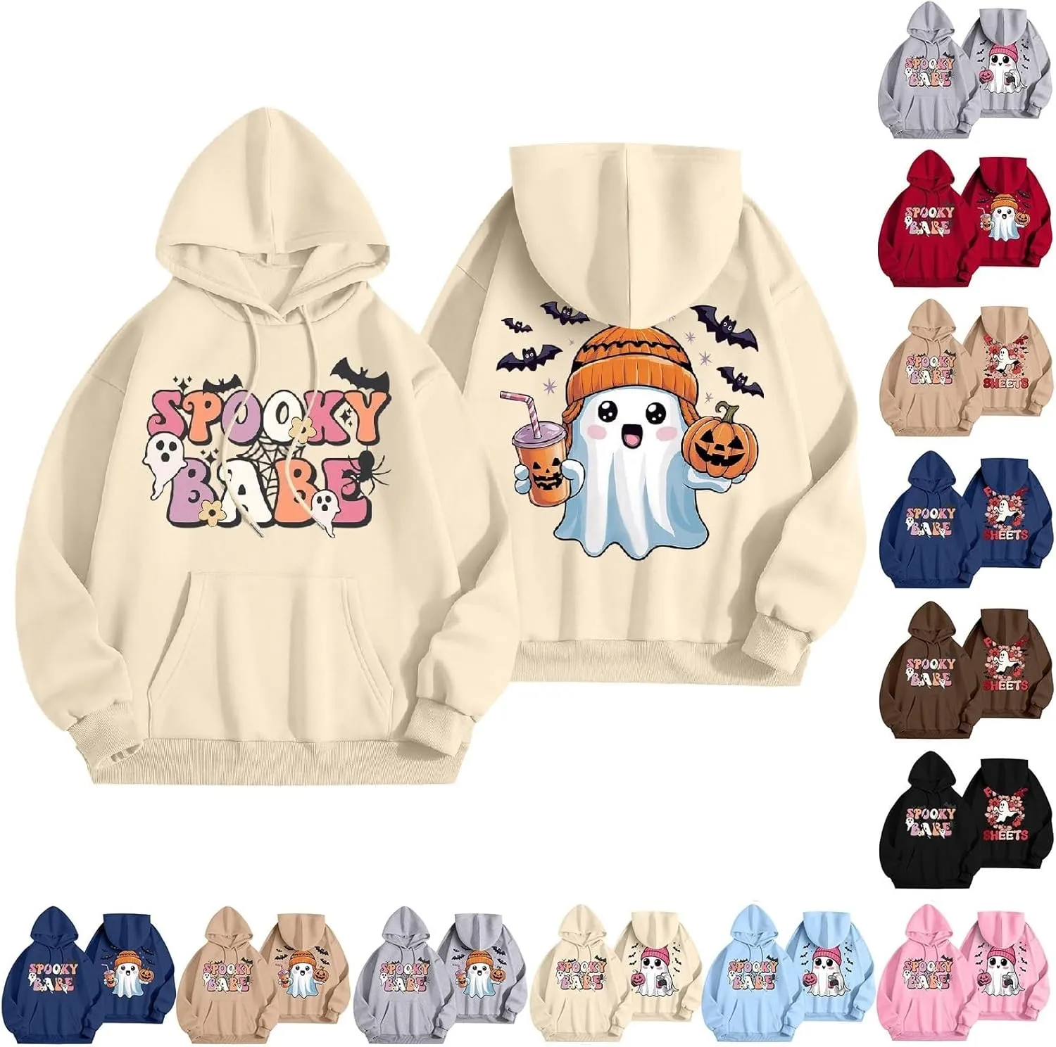 Womens Halloween Sweatshirt Cute Ghost Graphic Hoodies Funny Spooky Pumpkin Face Tops Fall Season Sweatshirts Clothes