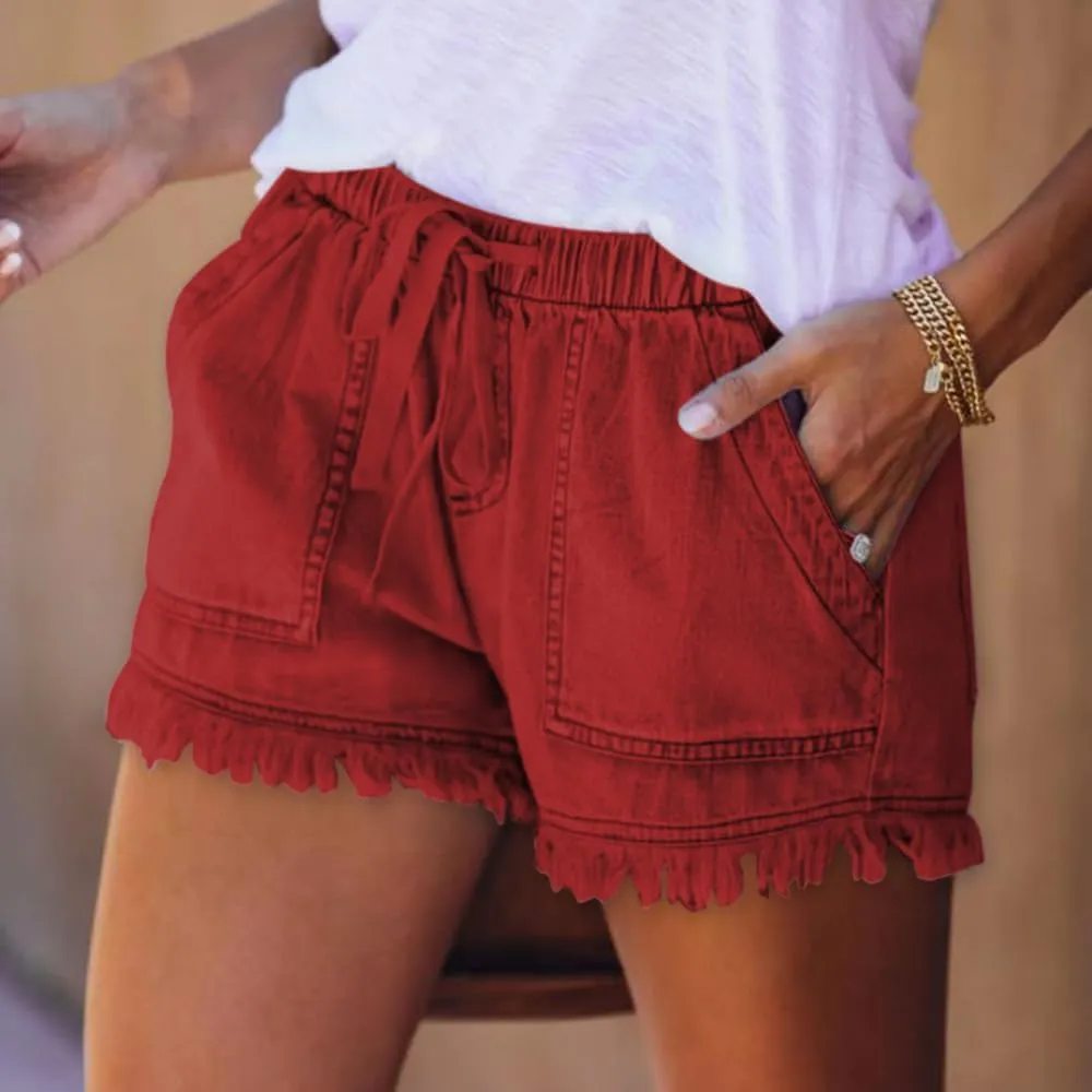 Womens High Waisted Denim Shorts Casual Baggy Trendy Short Pants Elastic Waist Drawstring Frayed Raw Hem Shorts