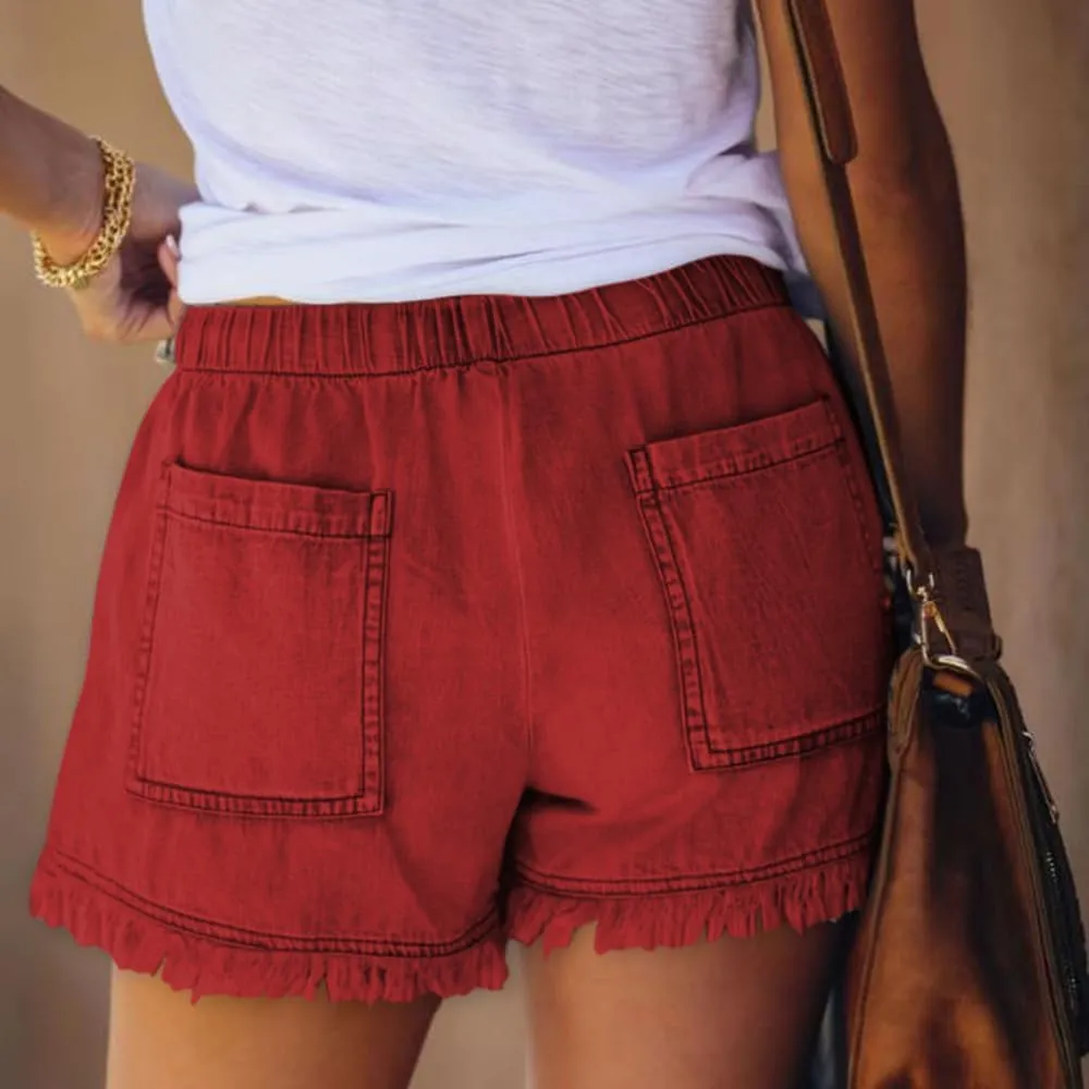Womens High Waisted Denim Shorts Casual Baggy Trendy Short Pants Elastic Waist Drawstring Frayed Raw Hem Shorts