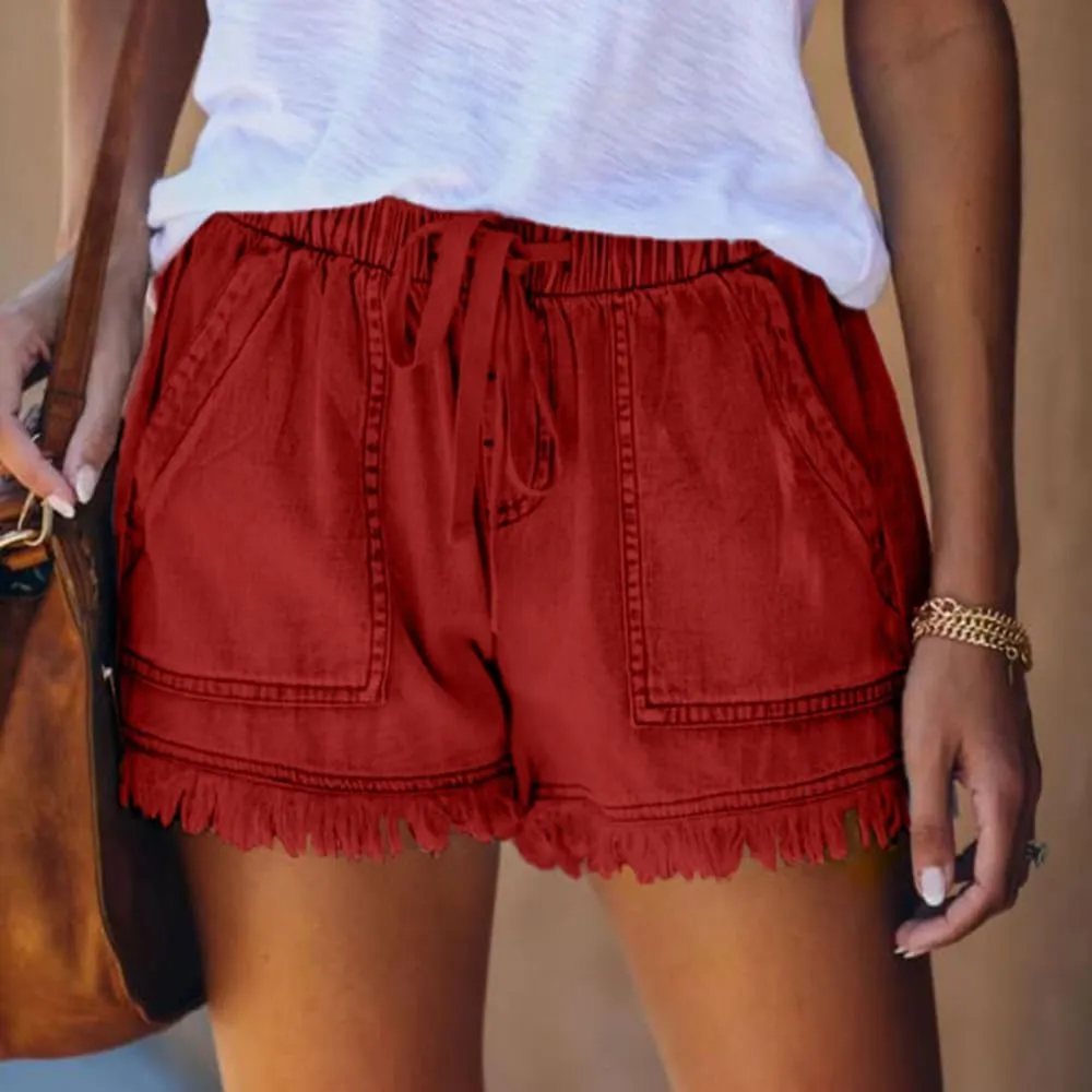 Womens High Waisted Denim Shorts Casual Baggy Trendy Short Pants Elastic Waist Drawstring Frayed Raw Hem Shorts