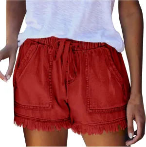 Womens High Waisted Denim Shorts Casual Baggy Trendy Short Pants Elastic Waist Drawstring Frayed Raw Hem Shorts