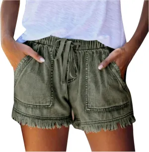 Women's High Waisted Denim Shorts Ripped Hem Frayed Distressed Short Jeans Junior Drawstring Stretchy Short Jeans