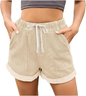 Women's High Waisted Jean Shorts Elastic Waist Folded Hem Denim Shorts with Pockets Casual Summer Short Jeans Outfits