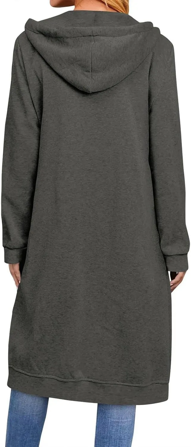 Womens Hooded Long Coats Fall Winter Plus Size Zip up Jackets for Women Casual Loose Cardigan with Pocket S-5XL
