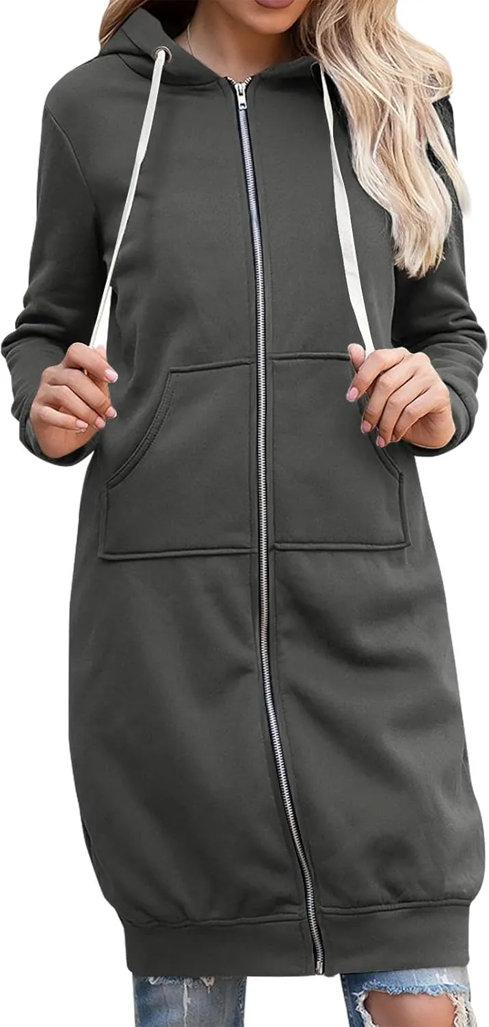 Womens Hooded Long Coats Fall Winter Plus Size Zip up Jackets for Women Casual Loose Cardigan with Pocket S-5XL