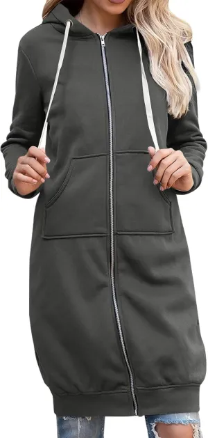 Womens Hooded Long Coats Fall Winter Plus Size Zip up Jackets for Women Casual Loose Cardigan with Pocket S-5XL