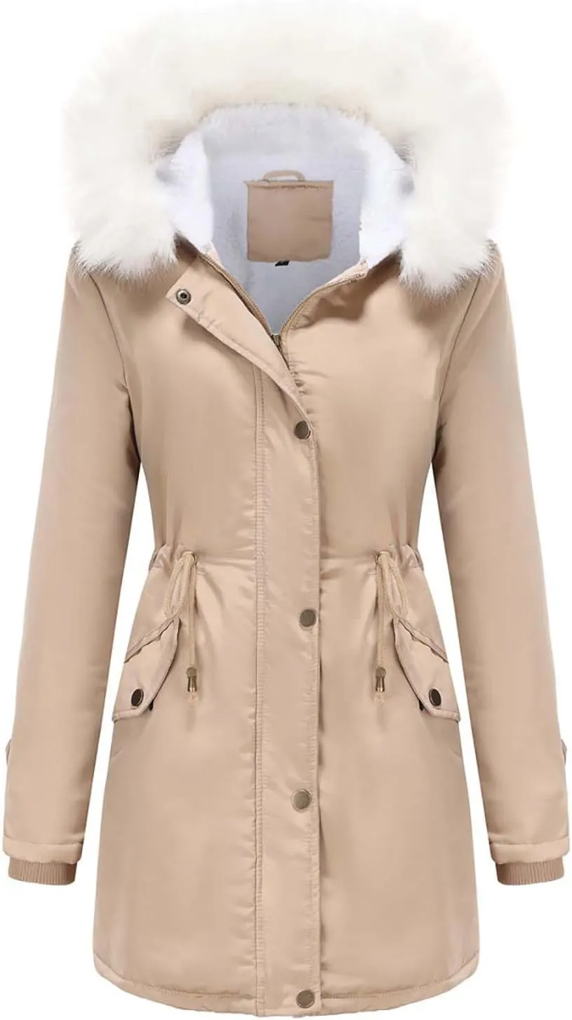Women's Hooded Winter Coat Waterproof Warm Puffer Jacket Parka Faux Lamb Wool Lined Sherpa Thicken Jacket Outerwear