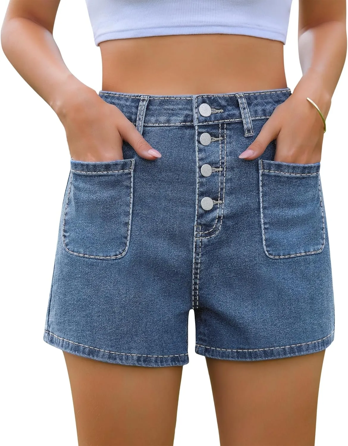 Womens Jean Shorts High Waisted Button Cute Summer Denim Shorts with Front Pockets