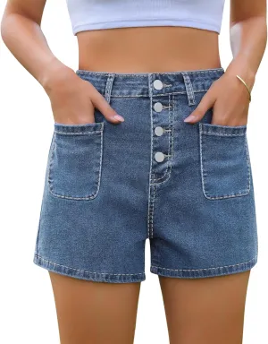 Womens Jean Shorts High Waisted Button Cute Summer Denim Shorts with Front Pockets