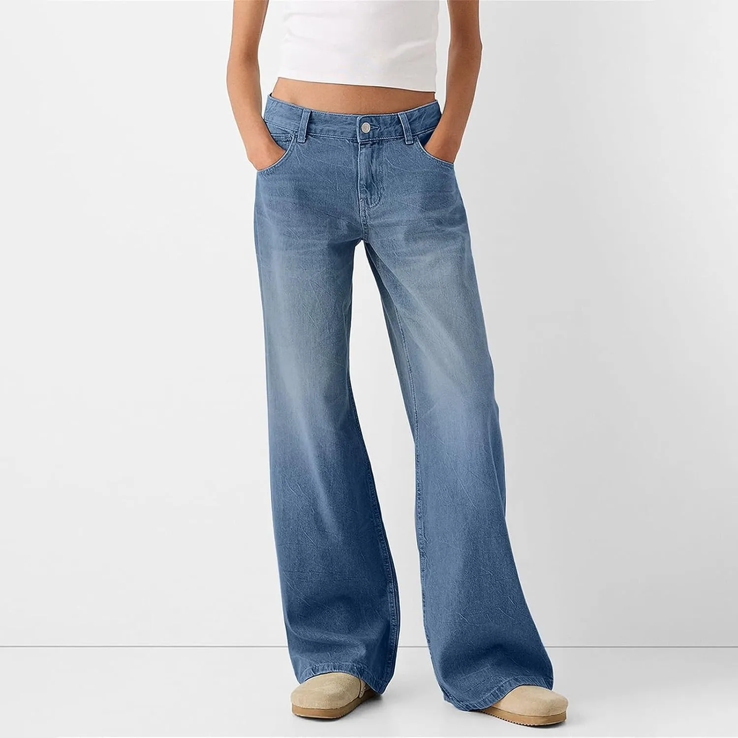 Womens Jeans High Waisted Stretchy Plus Size Pants for Women Tummy Control Black Baggy Jeans Straight Wide Leg