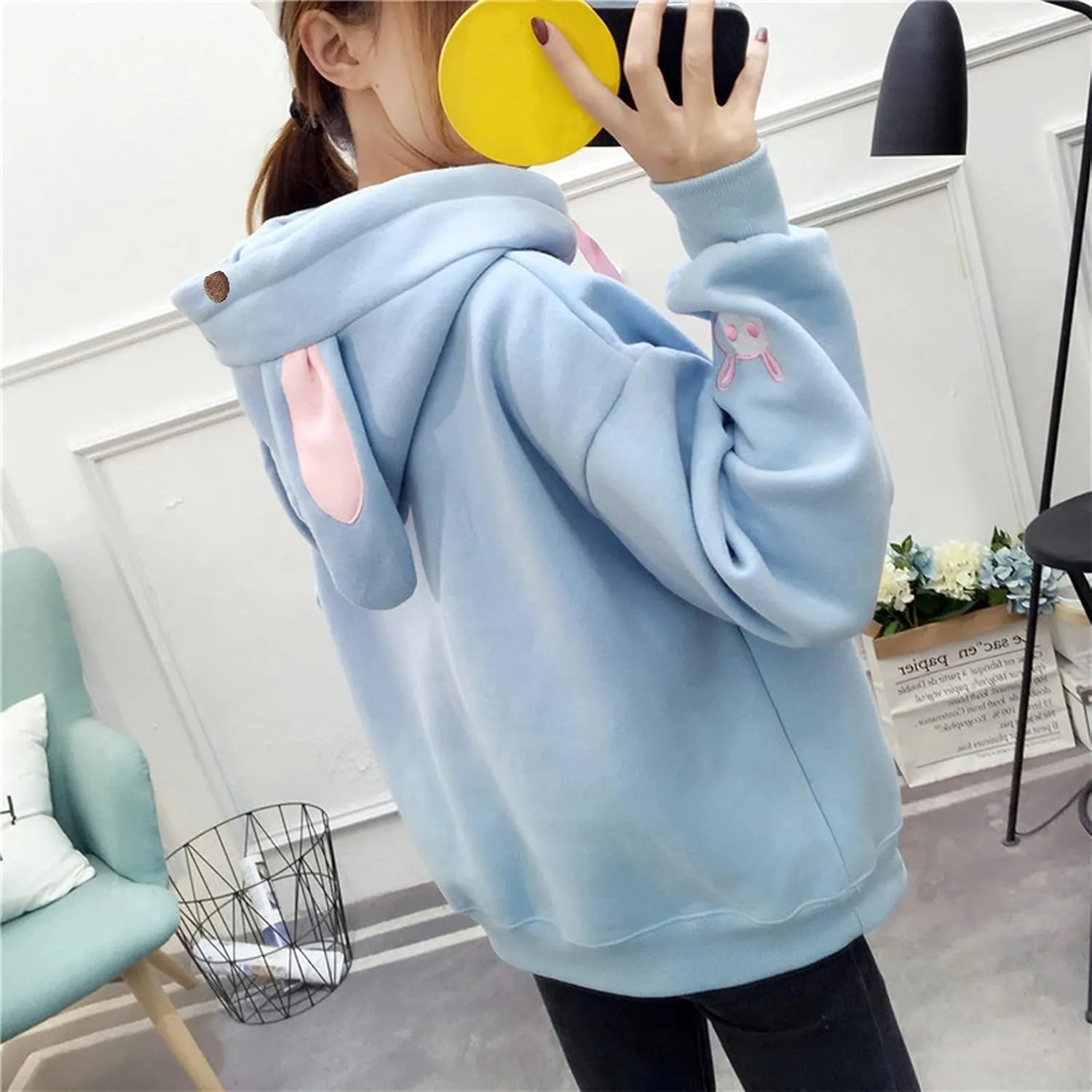 Women's Kawaii Bunny Hoodie Winter Long Sleeves Cute Rabbit Ear Sweatshirt for Girl Solid Color Pullovers