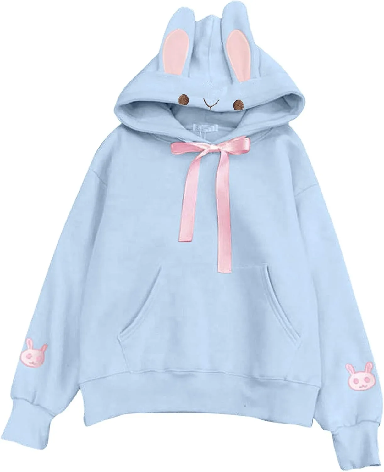 Women's Kawaii Bunny Hoodie Winter Long Sleeves Cute Rabbit Ear Sweatshirt for Girl Solid Color Pullovers
