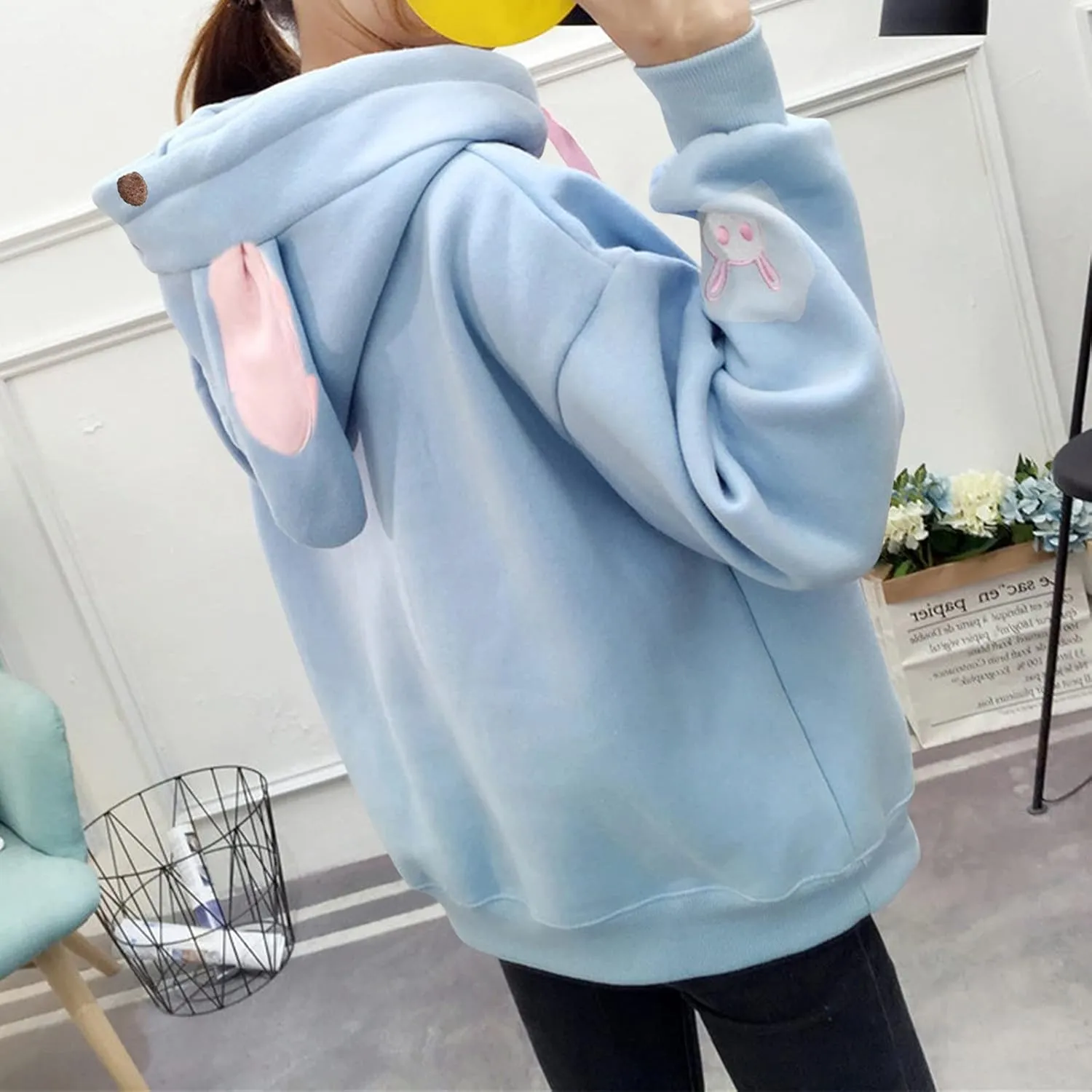 Women's Kawaii Bunny Hoodie Winter Long Sleeves Cute Rabbit Ear Sweatshirt for Girl Solid Color Pullovers