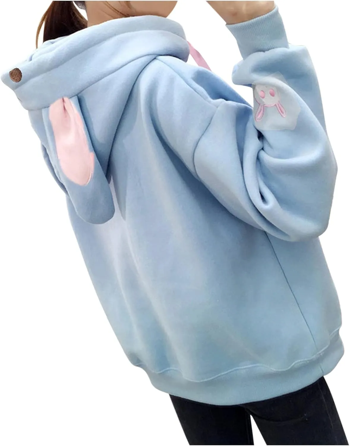 Women's Kawaii Bunny Hoodie Winter Long Sleeves Cute Rabbit Ear Sweatshirt for Girl Solid Color Pullovers