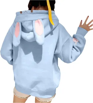 Women's Kawaii Bunny Hoodie Winter Long Sleeves Cute Rabbit Ear Sweatshirt for Girl Solid Color Pullovers