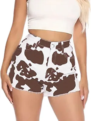 Women's Leopard Print Denim Shorts High Waisted Frayed Raw Hem Jean Short Fashion Summer Casual Hot Short with Pockets