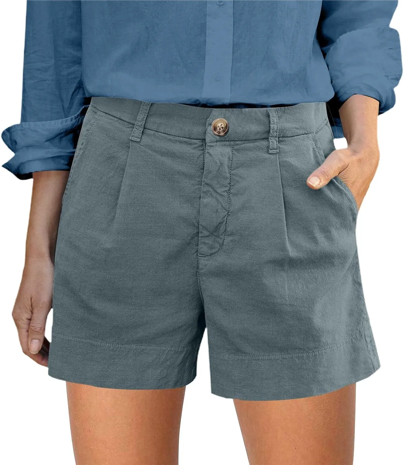 Womens Linen Business Shorts Front Button Baggy High Waist Pleated Shorts Lightweight Casual Work Short with Pockets