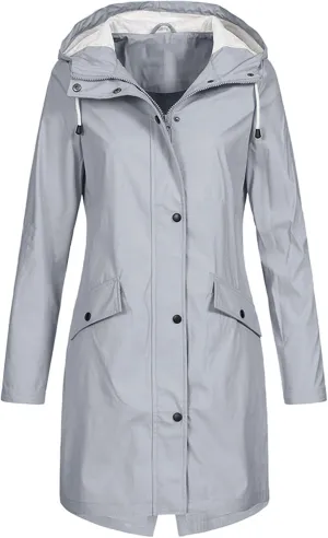 Womens Long Hooded Rain Jackets Outdoors Raincoat Windbreaker Waterproof Lightweight Outdoor Hooded Trench Coats Plus Size