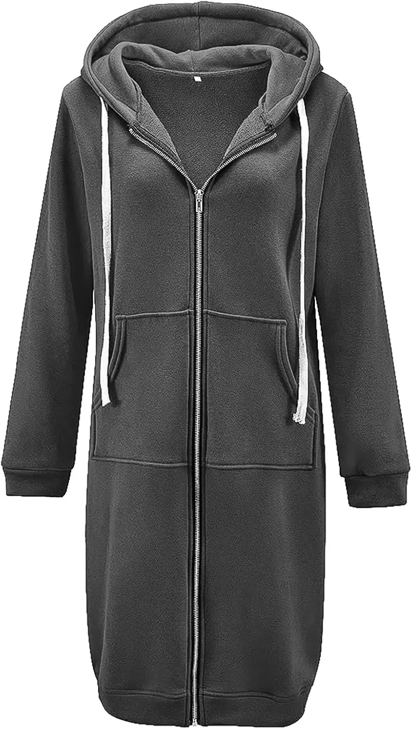 Womens Long Hoodies Tunic Winter Fleece Jackets Knitted Casual Sweatshirt Zip Up Hoodies Casual Full Zip Up Hoodie
