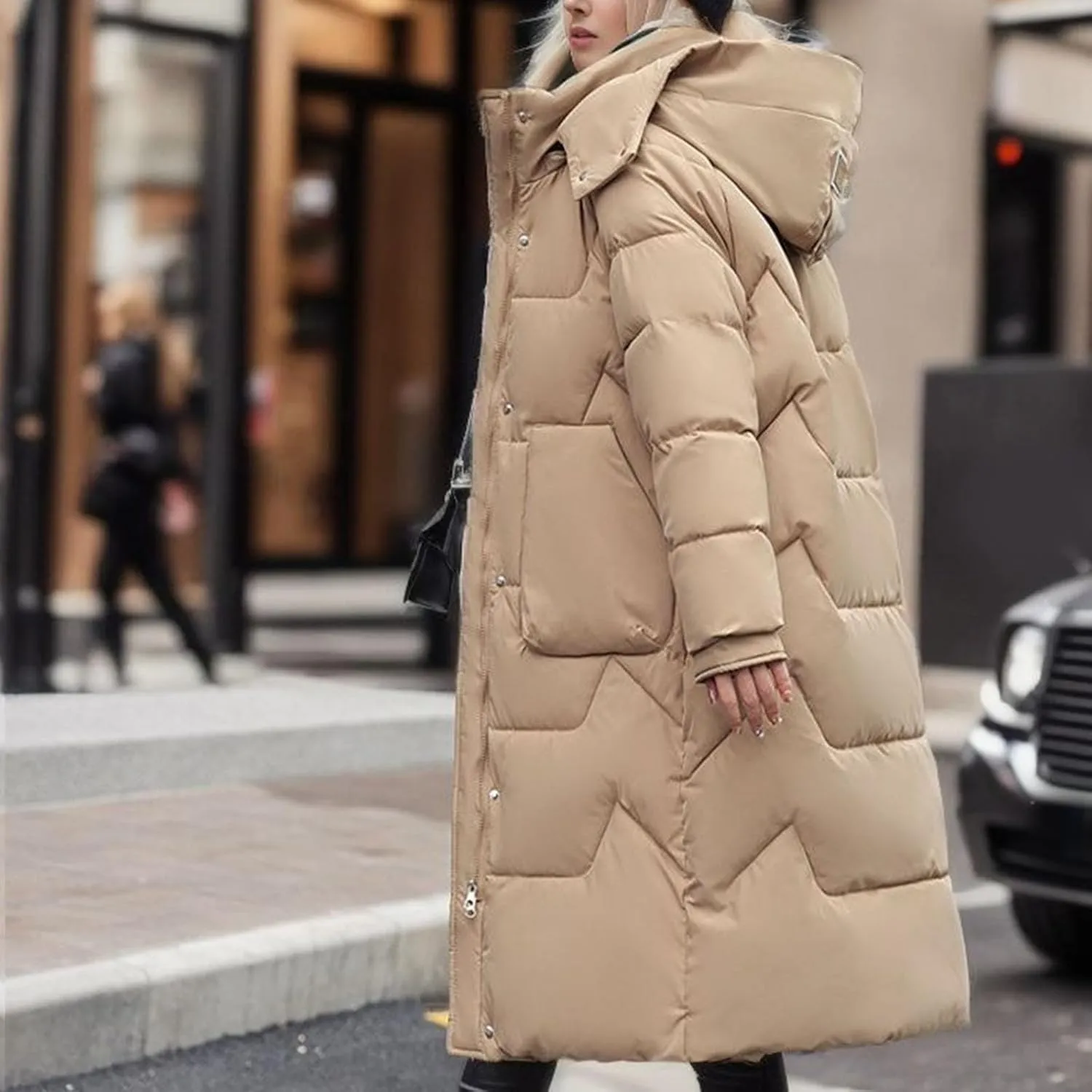 Women's Longer Length Cocoon Puffer Coat,Full Zip Hoodies Stand Collar Jacket Women Quilted Padded Coat Winter Outerwear