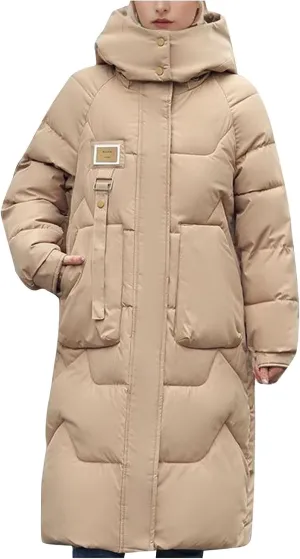 Women's Longer Length Cocoon Puffer Coat,Full Zip Hoodies Stand Collar Jacket Women Quilted Padded Coat Winter Outerwear