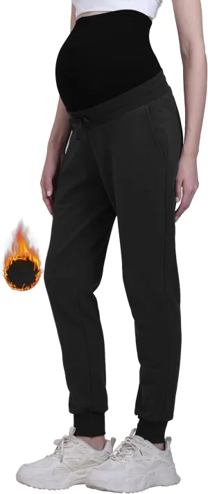 Women's Maternity Joggers Fleece Lined Pregnant Sweatpants Adjustable Drawstring Casual Lounge Maternity Pants with Pockets Workout Scrub Joggers (Black,XL)