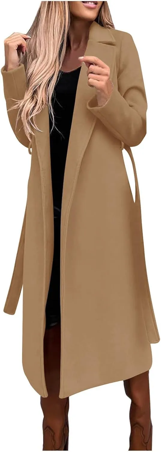Womens Open Front Long Coat 2024 Fall Plus Size Wool Blend Jackets Classic Belted Formal Outerwear Casual Fashion Coats