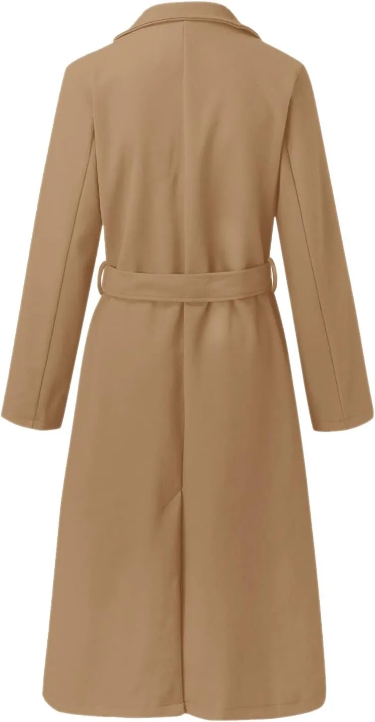 Womens Open Front Long Coat 2024 Fall Plus Size Wool Blend Jackets Classic Belted Formal Outerwear Casual Fashion Coats
