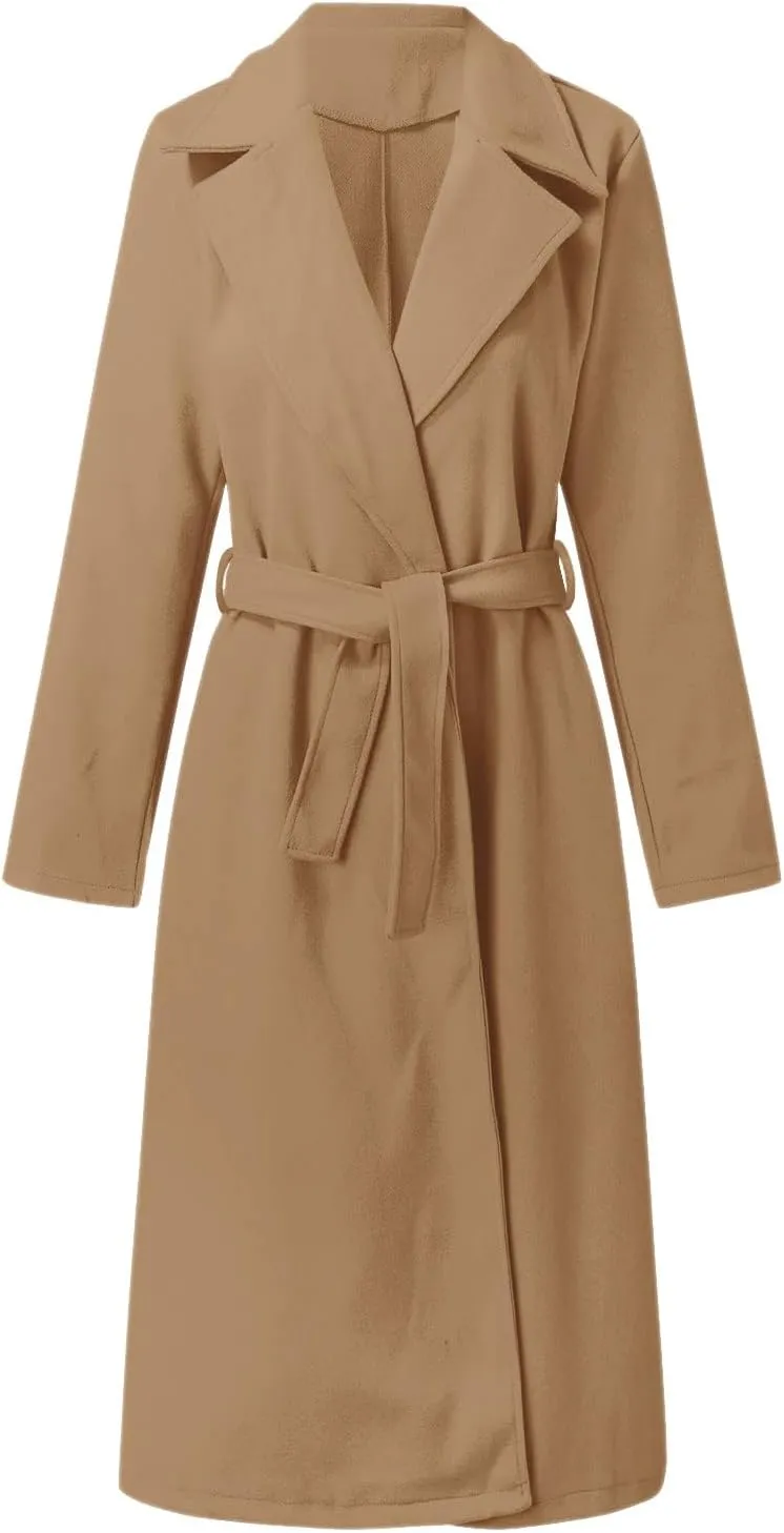 Womens Open Front Long Coat 2024 Fall Plus Size Wool Blend Jackets Classic Belted Formal Outerwear Casual Fashion Coats