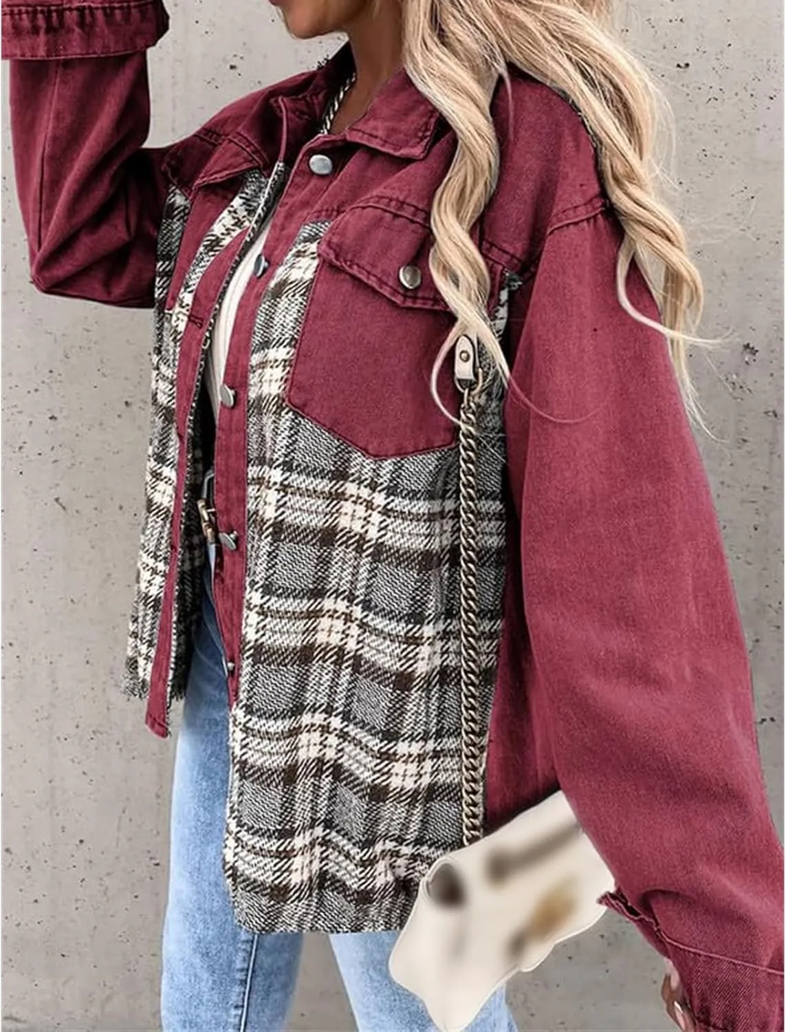 Women's Oversized Denim Jacket Button Up Frayed Hem Shacket Long Sleeve Lapel Plaid Shirt Jacket Boyfriend Jean Jacket