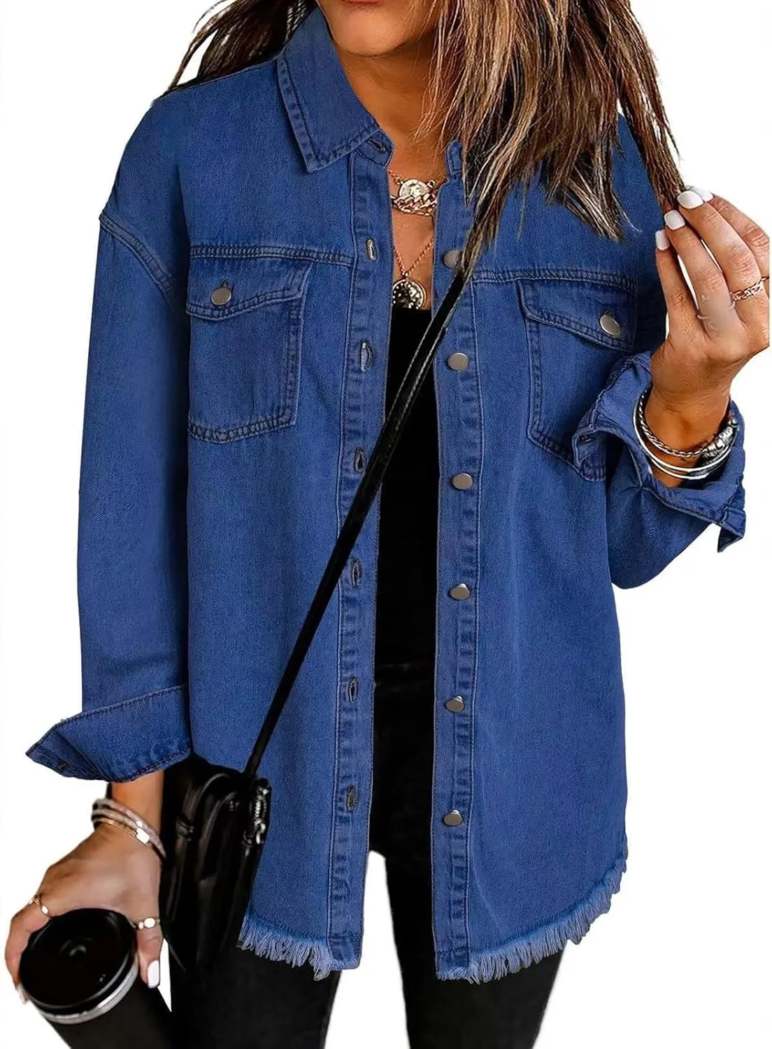 Women's Oversized Denim Jacket Frayed Hem Shacket Casual Long Boyfriend Distresse Jean Jacket Outwear with Pockets