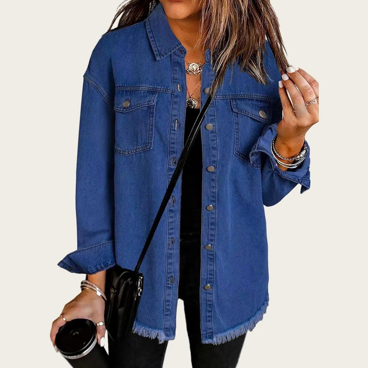 Women's Oversized Denim Jacket Frayed Hem Shacket Casual Long Boyfriend Distresse Jean Jacket Outwear with Pockets