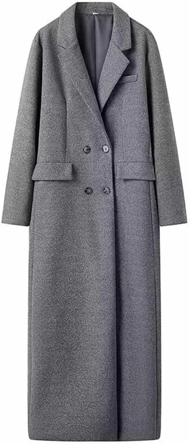 Womens Pea Coat Double-Breasted Wool Blend Long Trench Coats Lapel Collar Maxi Winter Jackets Overcoat Work Outerwear