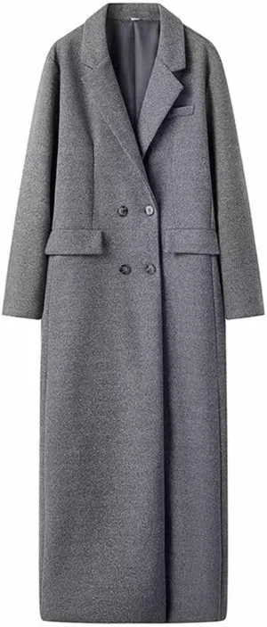 Womens Pea Coat Double-Breasted Wool Blend Long Trench Coats Lapel Collar Maxi Winter Jackets Overcoat Work Outerwear
