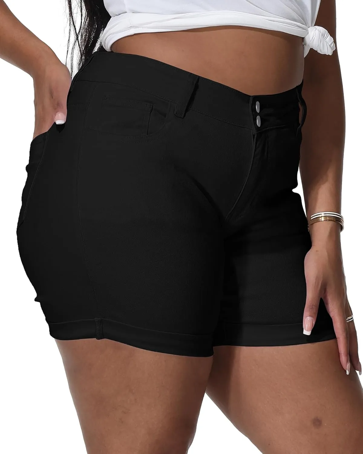 Womens Plus Size Jean Shorts Stretchy High Waisted Distressed Fold Hem Denim Shorts