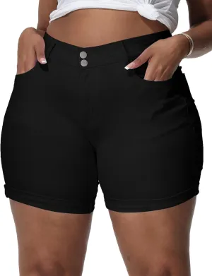 Womens Plus Size Jean Shorts Stretchy High Waisted Distressed Fold Hem Denim Shorts