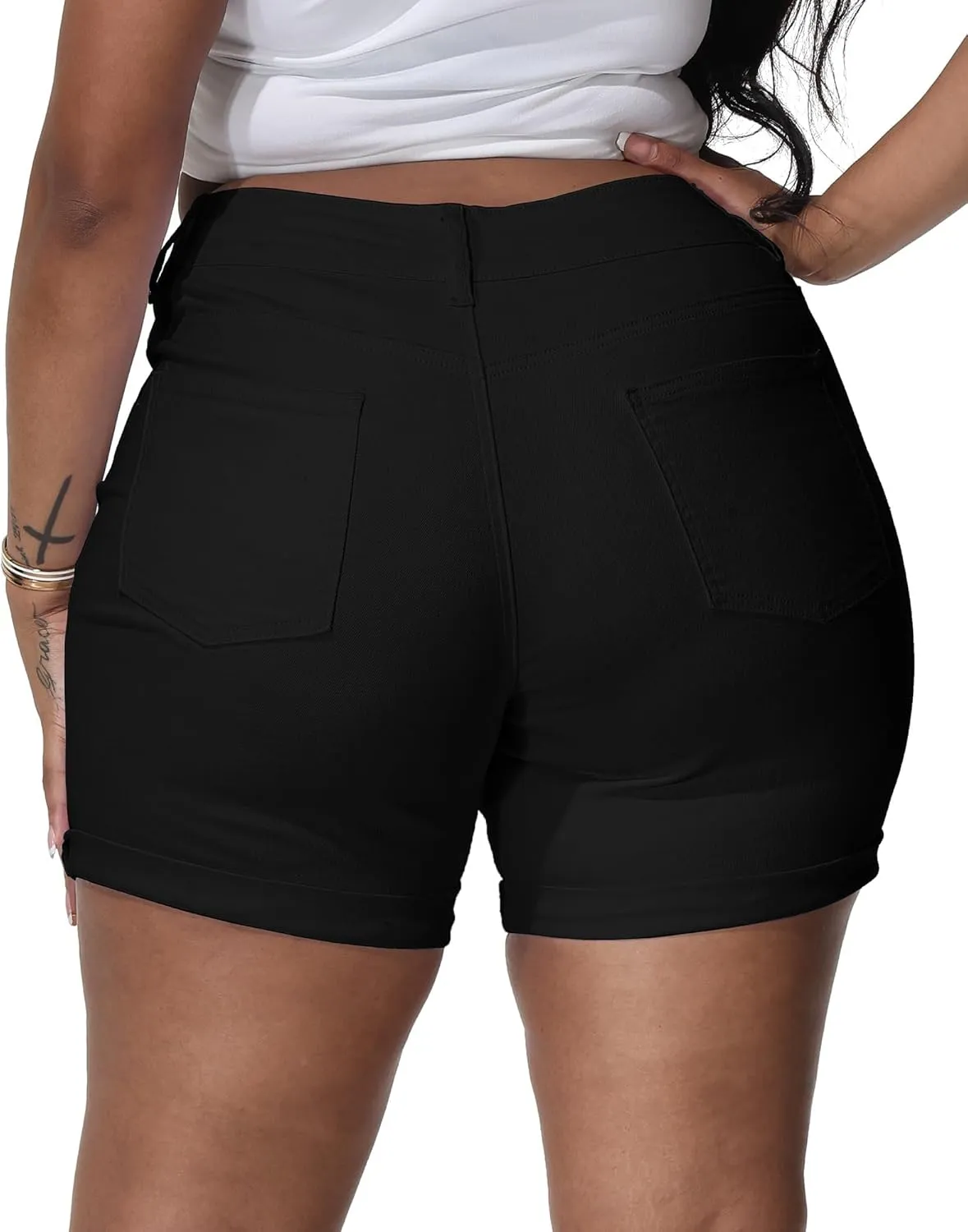 Womens Plus Size Jean Shorts Stretchy High Waisted Distressed Fold Hem Denim Shorts