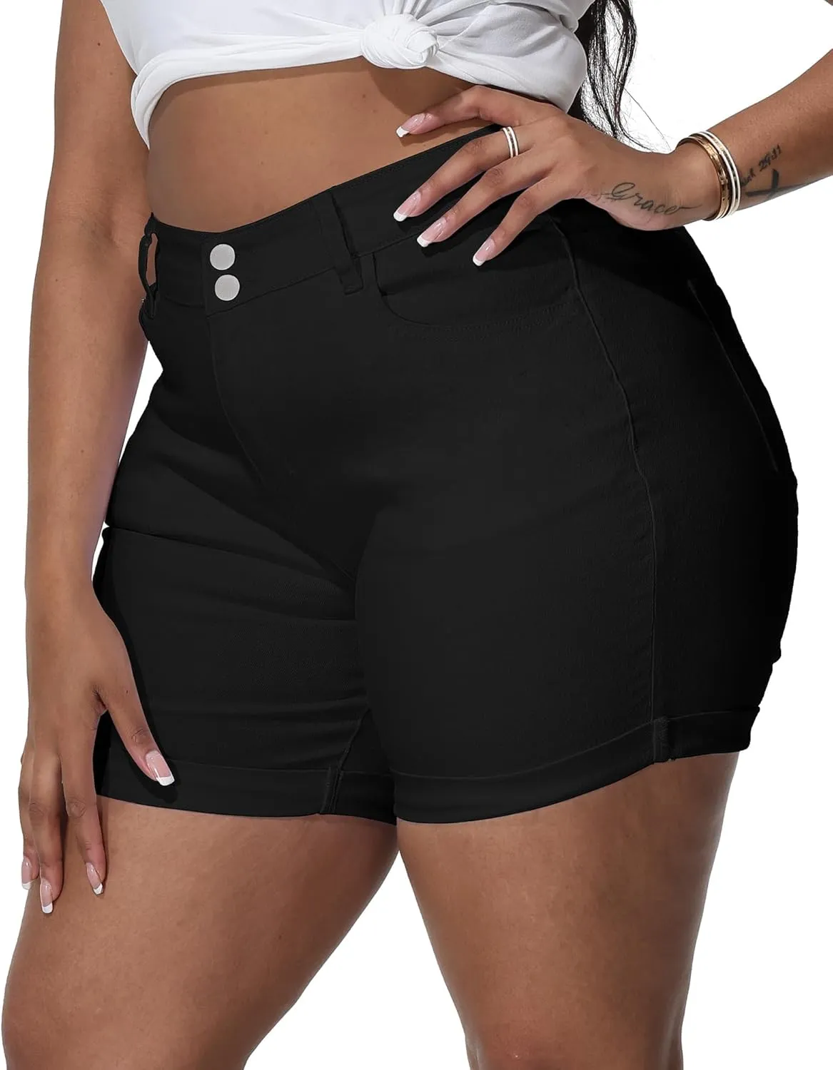 Womens Plus Size Jean Shorts Stretchy High Waisted Distressed Fold Hem Denim Shorts