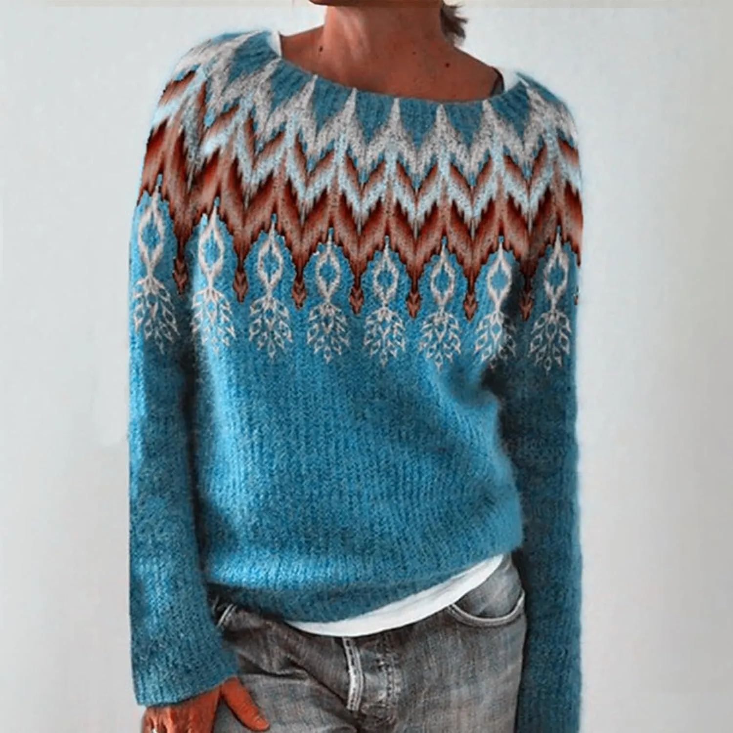 Womens Plus Size Sweater Round Neck Knit Loose Large Rainbow Sweater Female Fall Fuzzy Knit Warm Pullover Sweater