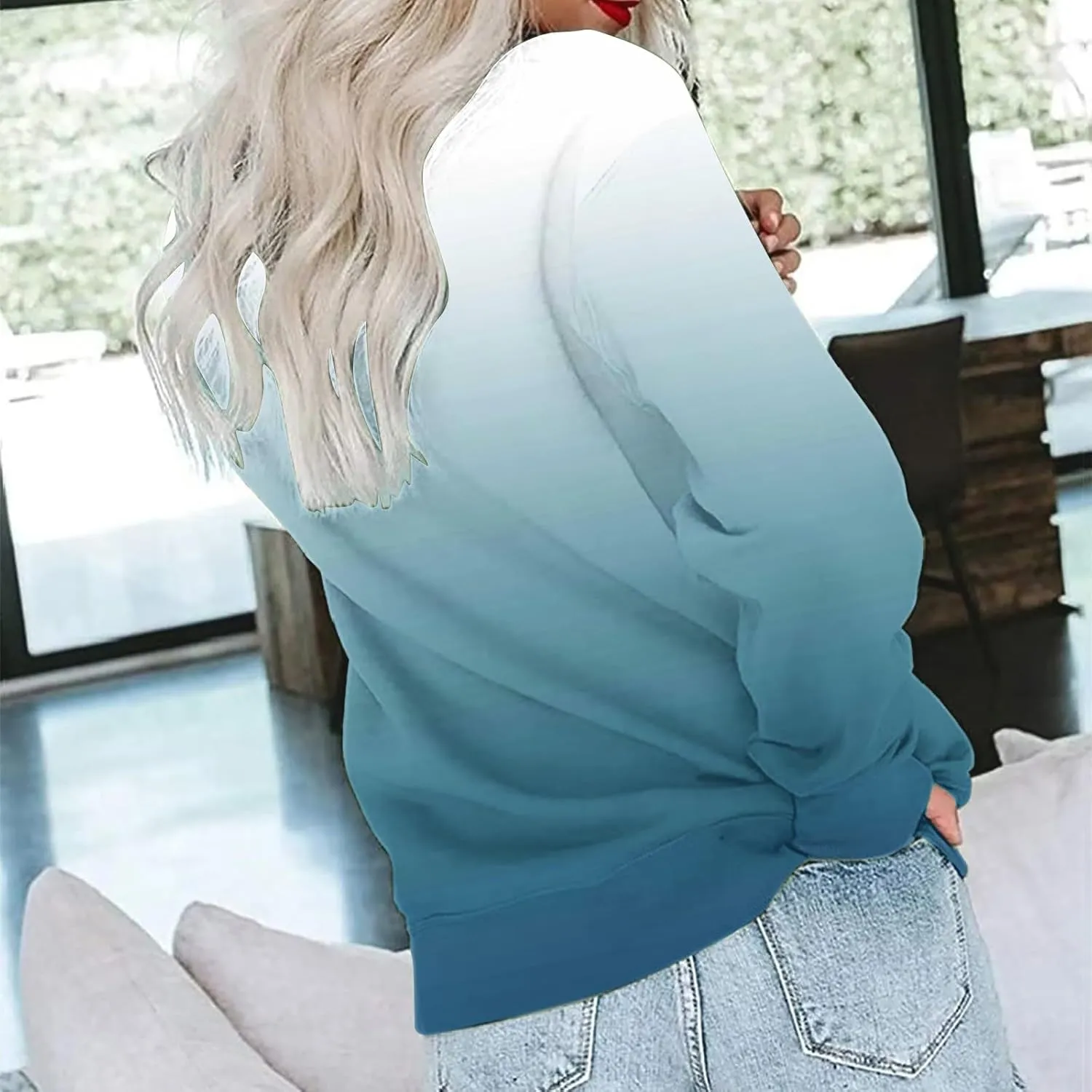 Womens Pocketed Sweatshirts Crewneck Long Sleeve Gradient Fleece Pullover Tie Dye Fall Trendy Going Out Tops