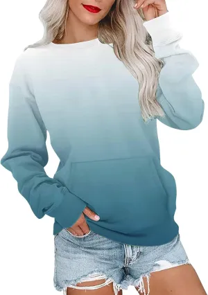 Womens Pocketed Sweatshirts Crewneck Long Sleeve Gradient Fleece Pullover Tie Dye Fall Trendy Going Out Tops
