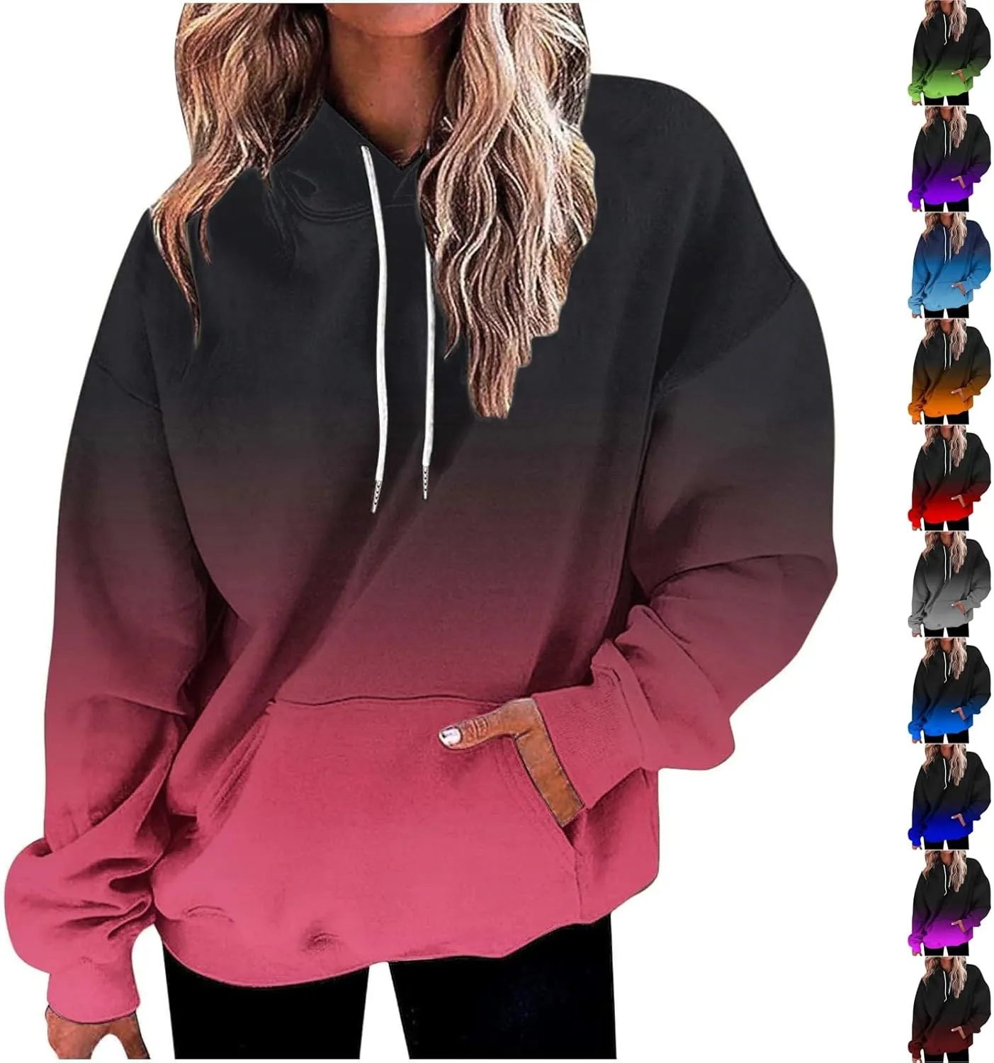 Womens Pullover Hoodie Gradient Color Long Sleeve Loose Sweatshirt with Drawstring Hood Fall Lightweight Sport Hoodie