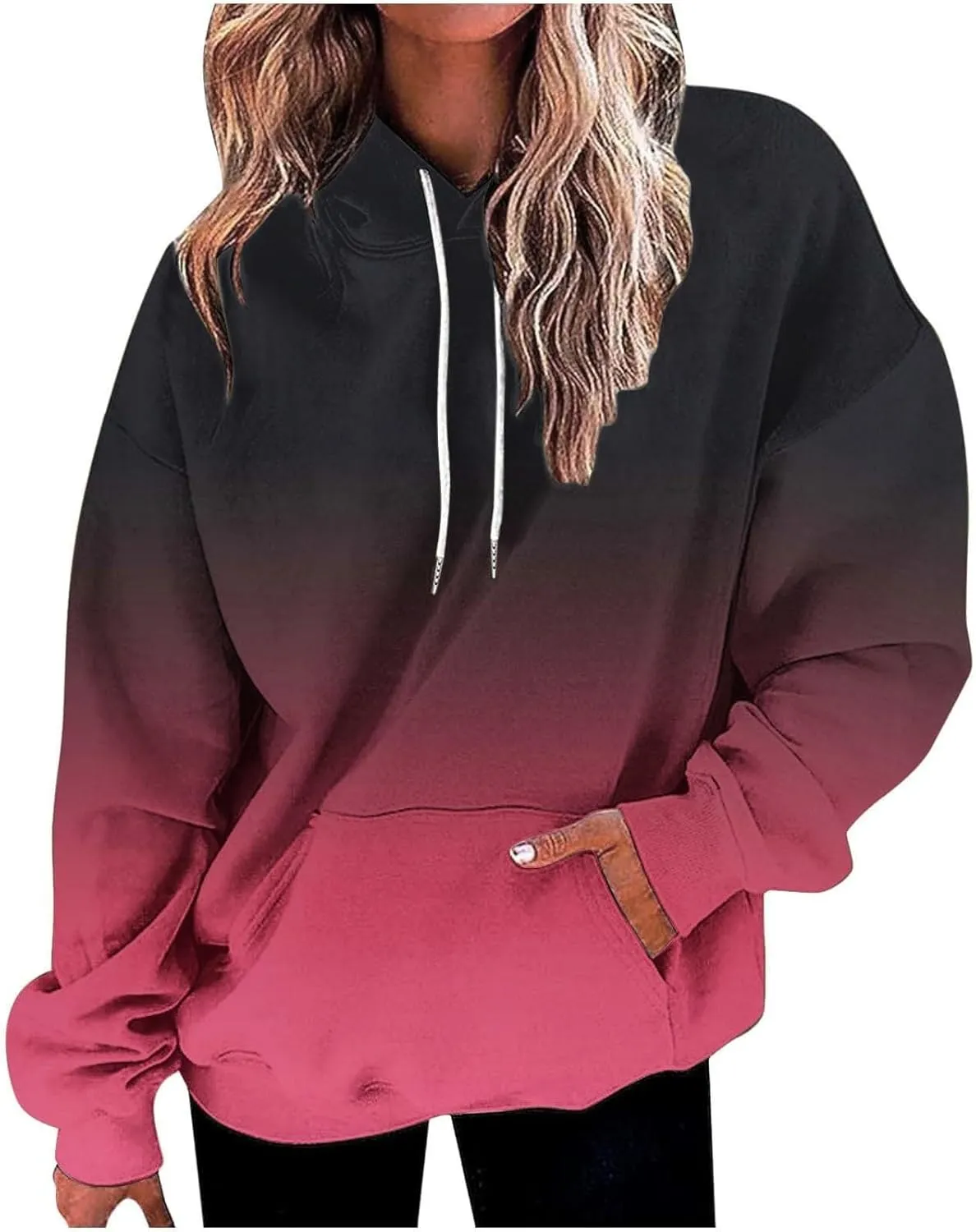 Womens Pullover Hoodie Gradient Color Long Sleeve Loose Sweatshirt with Drawstring Hood Fall Lightweight Sport Hoodie