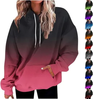 Womens Pullover Hoodie Gradient Color Long Sleeve Loose Sweatshirt with Drawstring Hood Fall Lightweight Sport Hoodie