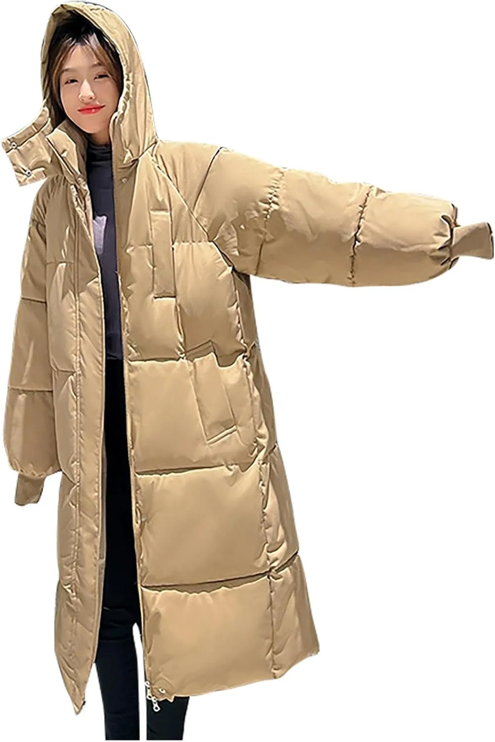 Women's Quilted Lightweight Jackets Winter Long Puffer Jacket Full-Zip Windproof Trench Coat Fashion Hooded down Coats